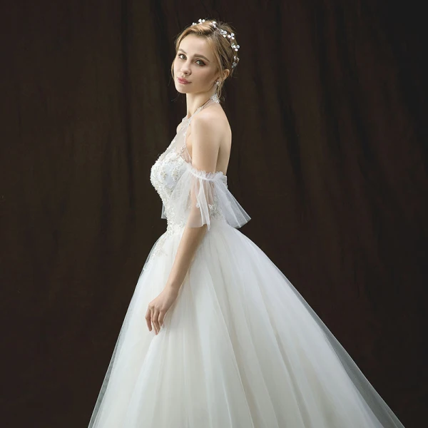 Chic / Belle Ivoire Robe De Mariée 2018 Princesse Titulaire Manches Courtes Dos Nu Appliques En Dentelle Paillettes Perlage Longue Volants