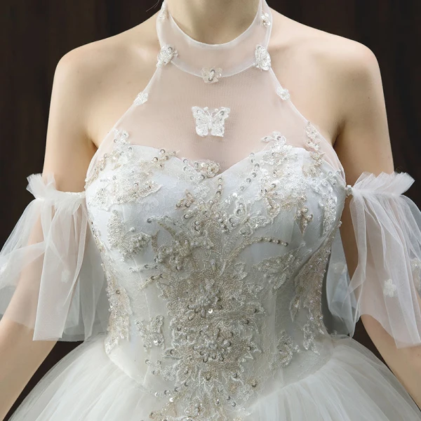 Chic / Belle Ivoire Robe De Mariée 2018 Princesse Titulaire Manches Courtes Dos Nu Appliques En Dentelle Paillettes Perlage Longue Volants