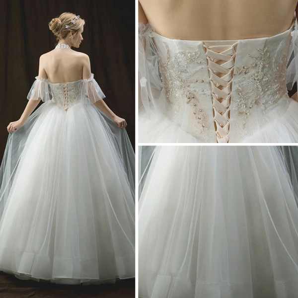 Chic / Belle Ivoire Robe De Mariée 2018 Princesse Titulaire Manches Courtes Dos Nu Appliques En Dentelle Paillettes Perlage Longue Volants