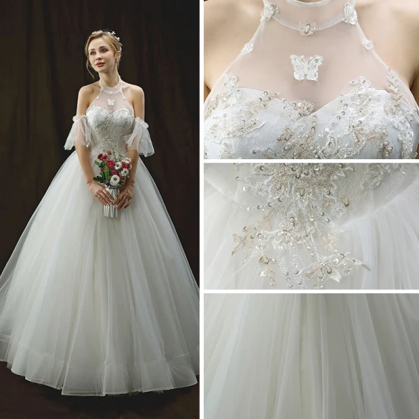 Chic / Belle Ivoire Robe De Mariée 2018 Princesse Titulaire Manches Courtes Dos Nu Appliques En Dentelle Paillettes Perlage Longue Volants