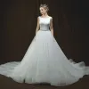Elegant Ivory Wedding Dresses 2018 A-Line / Princess Scoop Neck Sleeveless Backless Pearl Rhinestone Sash Chapel Train Ruffle