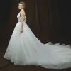 Elegant Ivory Wedding Dresses 2018 A-Line / Princess Scoop Neck Sleeveless Backless Pearl Rhinestone Sash Chapel Train Ruffle