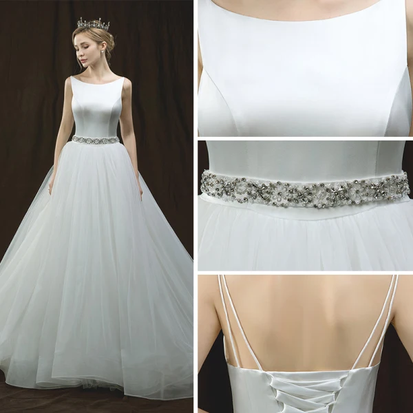 Élégant Ivoire Robe De Mariée 2018 Princesse Encolure Dégagée Sans Manches Dos Nu Perle Faux Diamant Ceinture Chapel Train Volants