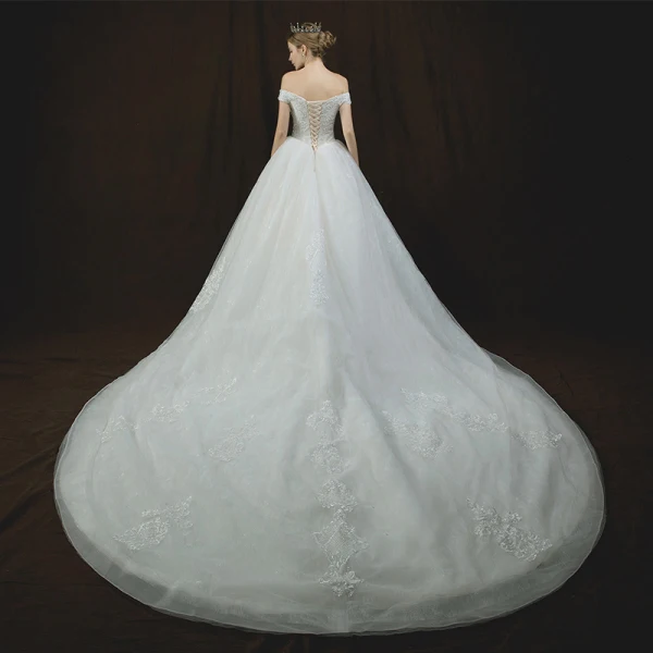 Luxury / Gorgeous Ivory Wedding Dresses 2018 Ball Gown Off-The-Shoulder Short Sleeve Backless Appliques Lace Beading Cathedral Train Ruffle