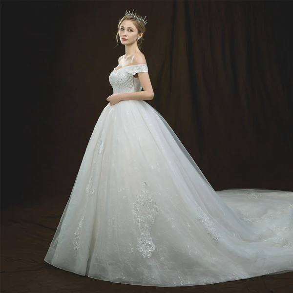 Luxury / Gorgeous Ivory Wedding Dresses 2018 Ball Gown Off-The-Shoulder Short Sleeve Backless Appliques Lace Beading Cathedral Train Ruffle