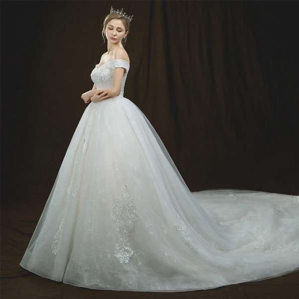 Luxury / Gorgeous Ivory Wedding Dresses 2018 Ball Gown Off-The-Shoulder Short Sleeve Backless Appliques Lace Beading Cathedral Train Ruffle