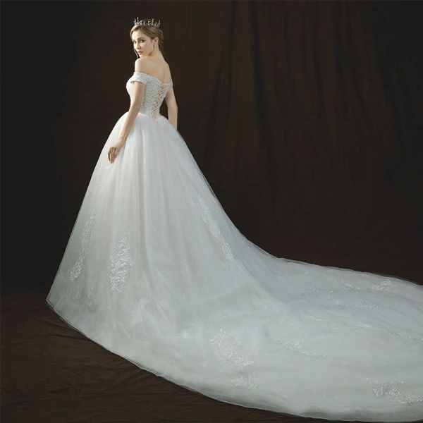 Luxury / Gorgeous Ivory Wedding Dresses 2018 Ball Gown Off-The-Shoulder Short Sleeve Backless Appliques Lace Beading Cathedral Train Ruffle