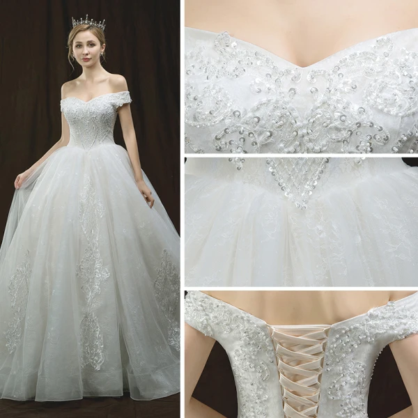 Luxury / Gorgeous Ivory Wedding Dresses 2018 Ball Gown Off-The-Shoulder Short Sleeve Backless Appliques Lace Beading Cathedral Train Ruffle