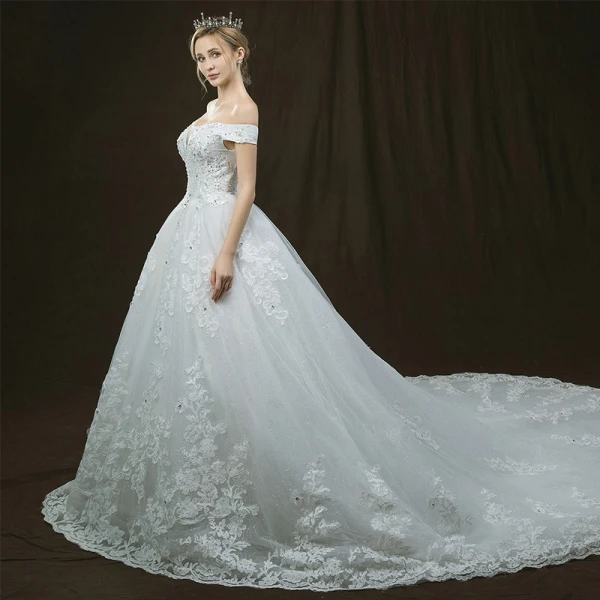 Luxury / Gorgeous Ivory Wedding Dresses 2018 A-Line / Princess Off-The-Shoulder Short Sleeve Backless Appliques Lace Glitter Sequins Beading Cathedral Train Ruffle