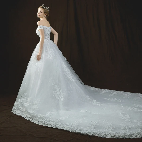 Luxury / Gorgeous Ivory Wedding Dresses 2018 A-Line / Princess Off-The-Shoulder Short Sleeve Backless Appliques Lace Glitter Sequins Beading Cathedral Train Ruffle