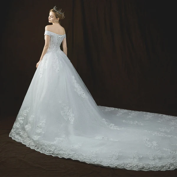 Luxury / Gorgeous Ivory Wedding Dresses 2018 A-Line / Princess Off-The-Shoulder Short Sleeve Backless Appliques Lace Glitter Sequins Beading Cathedral Train Ruffle