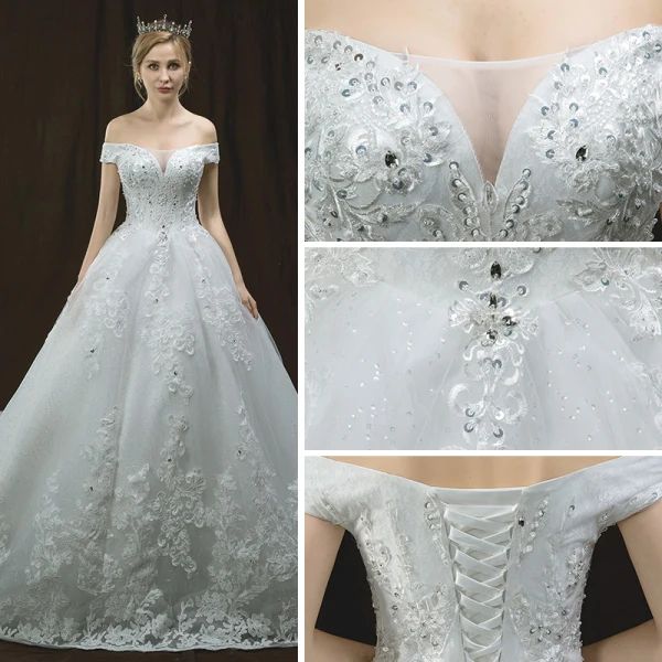 Luxury / Gorgeous Ivory Wedding Dresses 2018 A-Line / Princess Off-The-Shoulder Short Sleeve Backless Appliques Lace Glitter Sequins Beading Cathedral Train Ruffle