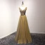 Modern / Fashion Gold Evening Dresses  2017 A-Line / Princess V-Neck Sleeveless Beading Crystal Glitter Sequins Pearl Metal Sash Floor-Length / Long Ruffle Backless Formal Dresses