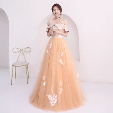Affordable Champagne Prom Dresses 2018 A Line Princess Off The Shoulder Short Sleeve Appliques Lace Floor Length Long Ruffle Backless Formal Dresses