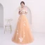 Affordable Champagne Prom Dresses 2018 A-Line / Princess Off-The-Shoulder Short Sleeve Appliques Lace Floor-Length / Long Ruffle Backless Formal Dresses