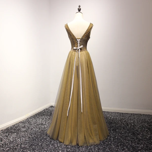 Modern / Fashion Gold Evening Dresses  2017 A-Line / Princess V-Neck Sleeveless Beading Crystal Glitter Sequins Pearl Metal Sash Floor-Length / Long Ruffle Backless Formal Dresses