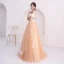 Affordable Champagne Prom Dresses 2018 A-Line / Princess Off-The-Shoulder Short Sleeve Appliques Lace Floor-Length / Long Ruffle Backless Formal Dresses