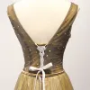 Modern / Fashion Gold Evening Dresses  2017 A-Line / Princess V-Neck Sleeveless Beading Crystal Glitter Sequins Pearl Metal Sash Floor-Length / Long Ruffle Backless Formal Dresses
