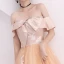Affordable Champagne Prom Dresses 2018 A-Line / Princess Off-The-Shoulder Short Sleeve Appliques Lace Floor-Length / Long Ruffle Backless Formal Dresses