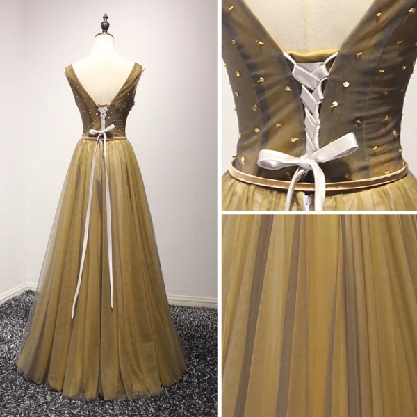 Modern / Fashion Gold Evening Dresses  2017 A-Line / Princess V-Neck Sleeveless Beading Crystal Glitter Sequins Pearl Metal Sash Floor-Length / Long Ruffle Backless Formal Dresses