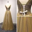 Modern / Fashion Gold Evening Dresses  2017 A-Line / Princess V-Neck Sleeveless Beading Crystal Glitter Sequins Pearl Metal Sash Floor-Length / Long Ruffle Backless Formal Dresses