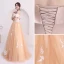 Affordable Champagne Prom Dresses 2018 A-Line / Princess Off-The-Shoulder Short Sleeve Appliques Lace Floor-Length / Long Ruffle Backless Formal Dresses