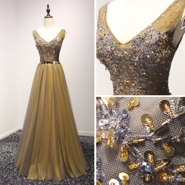 Modern / Fashion Gold Evening Dresses  2017 A-Line / Princess V-Neck Sleeveless Beading Crystal Glitter Sequins Pearl Metal Sash Floor-Length / Long Ruffle Backless Formal Dresses