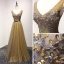 Modern / Fashion Gold Evening Dresses  2017 A-Line / Princess V-Neck Sleeveless Beading Crystal Glitter Sequins Pearl Metal Sash Floor-Length / Long Ruffle Backless Formal Dresses