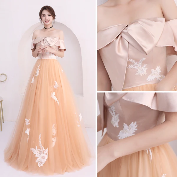 Affordable Champagne Prom Dresses 2018 A-Line / Princess Off-The-Shoulder Short Sleeve Appliques Lace Floor-Length / Long Ruffle Backless Formal Dresses
