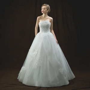 Chic Beautiful Ivory Wedding Dresses 2018 Ball Gown Strapless Sleeveless Backless Appliques Lace Sequins Pearl Floor Length Long Ruffle