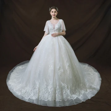 Chic Belle Ivoire Robe De Mariée 2018 Robe Boule Transparentes V Cou Manches Courtes Dos Nu Appliques En Dentelle Paillettes Perle Royal Train Volants