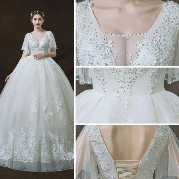 Chic / Belle Ivoire Robe De Mariée 2018 Robe Boule Transparentes V-Cou Manches Courtes Dos Nu Appliques En Dentelle Paillettes Perle Royal Train Volants