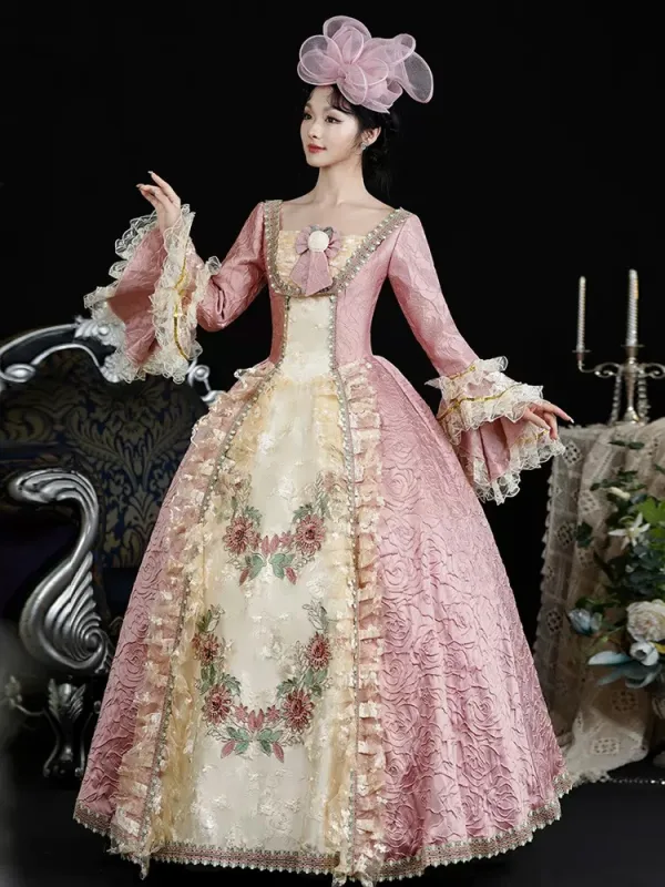 Vintage / Retro Medieval Candy Pink Prom Dresses 2024 3D Lace Printing Floral Floor-Length / Long U-Neck Long Sleeve A-Line / Princess Ball Gown Cosplay Prom Formal Dresses