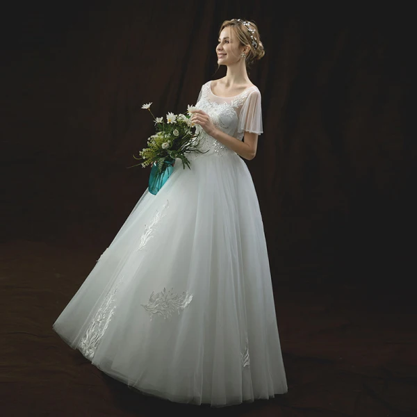 Chic / Belle Ivoire Transparentes Robe De Mariée 2018 Robe Boule Encolure Dégagée Manches Courtes Dos Nu Appliques En Dentelle Paillettes Perle Perlage Longue Volants