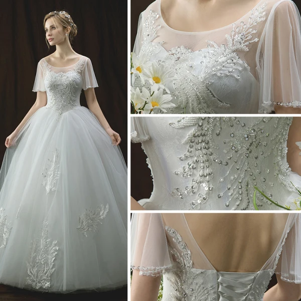 Chic / Belle Ivoire Transparentes Robe De Mariée 2018 Robe Boule Encolure Dégagée Manches Courtes Dos Nu Appliques En Dentelle Paillettes Perle Perlage Longue Volants