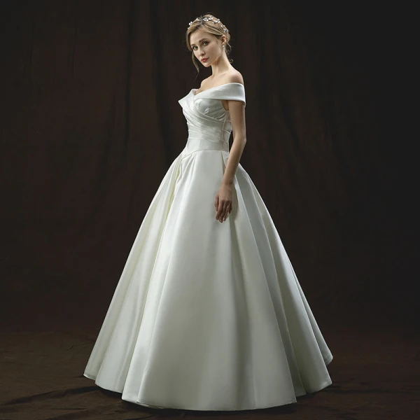 Chic / Beautiful Ivory Wedding Dresses 2018 A-Line / Princess Off-The-Shoulder Short Sleeve Backless Floor-Length / Long Ruffle
