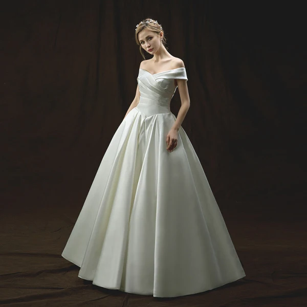 Chic / Beautiful Ivory Wedding Dresses 2018 A-Line / Princess Off-The-Shoulder Short Sleeve Backless Floor-Length / Long Ruffle