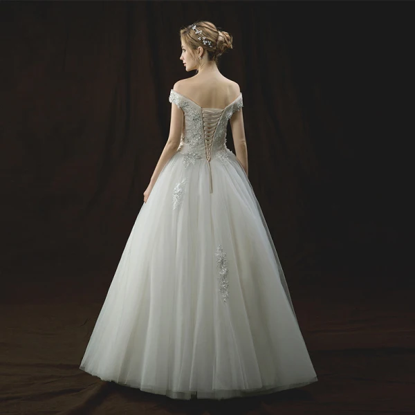 Chic / Beautiful Ivory Wedding Dresses 2018 A-Line / Princess Off-The-Shoulder Short Sleeve Backless Appliques Lace Flower Pearl Sequins Floor-Length / Long Ruffle