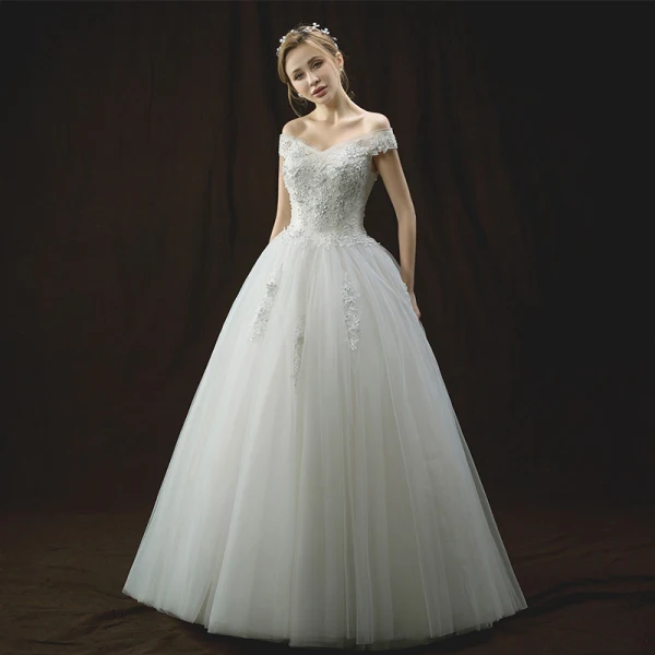 Chic / Beautiful Ivory Wedding Dresses 2018 A-Line / Princess Off-The-Shoulder Short Sleeve Backless Appliques Lace Flower Pearl Sequins Floor-Length / Long Ruffle