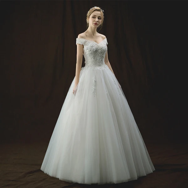 Chic / Beautiful Ivory Wedding Dresses 2018 A-Line / Princess Off-The-Shoulder Short Sleeve Backless Appliques Lace Flower Pearl Sequins Floor-Length / Long Ruffle