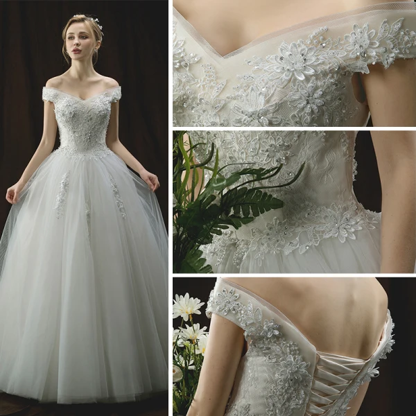 Chic / Beautiful Ivory Wedding Dresses 2018 A-Line / Princess Off-The-Shoulder Short Sleeve Backless Appliques Lace Flower Pearl Sequins Floor-Length / Long Ruffle