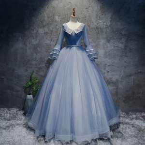 Chic Belle Bleu Ciel Robe De Bal 2017 Robe Boule V Cou Manches Longues Appliques Fleur Perlage Perle Faux Diamant Noeud Ceinture Longue Volants Dos Nu Robe De Ceremonie