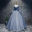 Chic / Beautiful Sky Blue Prom Dresses 2017 Ball Gown V-Neck Long Sleeve Appliques Flower Beading Pearl Rhinestone Bow Sash Floor-Length / Long Ruffle Backless Formal Dresses