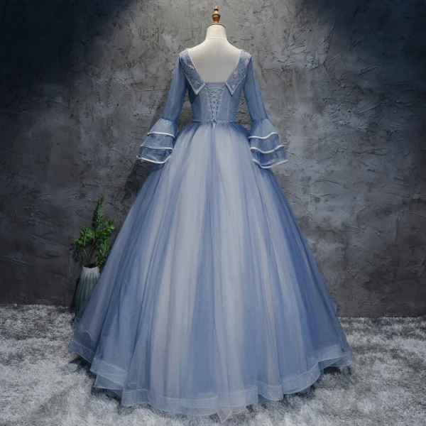Chic / Beautiful Sky Blue Prom Dresses 2017 Ball Gown V-Neck Long Sleeve Appliques Flower Beading Pearl Rhinestone Bow Sash Floor-Length / Long Ruffle Backless Formal Dresses