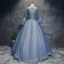 Chic / Beautiful Sky Blue Prom Dresses 2017 Ball Gown V-Neck Long Sleeve Appliques Flower Beading Pearl Rhinestone Bow Sash Floor-Length / Long Ruffle Backless Formal Dresses