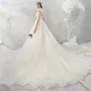 Affordable Champagne See-through Wedding Dresses 2018 A-Line / Princess Scoop Neck Short Sleeve Backless Sequins Appliques Lace Chapel Train Ruffle