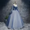 Chic / Beautiful Sky Blue Prom Dresses 2017 Ball Gown V-Neck Long Sleeve Appliques Flower Beading Pearl Rhinestone Bow Sash Floor-Length / Long Ruffle Backless Formal Dresses