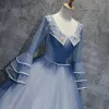 Chic / Beautiful Sky Blue Prom Dresses 2017 Ball Gown V-Neck Long Sleeve Appliques Flower Beading Pearl Rhinestone Bow Sash Floor-Length / Long Ruffle Backless Formal Dresses
