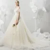 Affordable Champagne See-through Wedding Dresses 2018 A-Line / Princess Scoop Neck Short Sleeve Backless Sequins Appliques Lace Chapel Train Ruffle