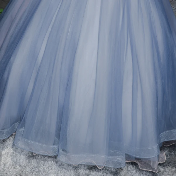 Chic / Beautiful Sky Blue Prom Dresses 2017 Ball Gown V-Neck Long Sleeve Appliques Flower Beading Pearl Rhinestone Bow Sash Floor-Length / Long Ruffle Backless Formal Dresses